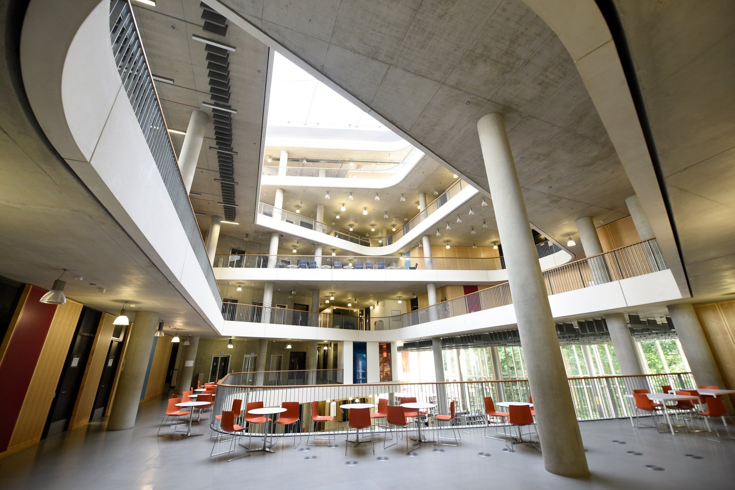 Atrium architecture from common area of modern university building